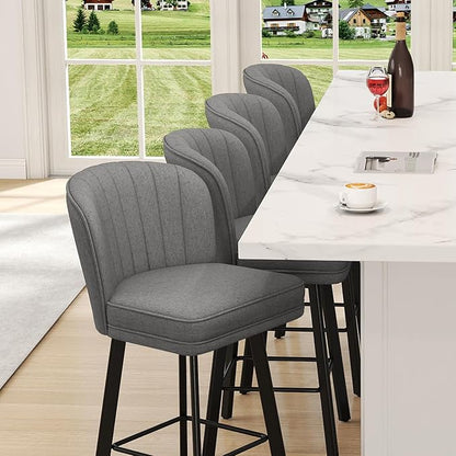Swivel Counter Height Bar Stools Set of 4, 26'' Modern Barstools with Backs and Metal Legs, Upholstered Bar Chairs,Mid-Gray,Fabric Stools for Kitchen Island Chairs