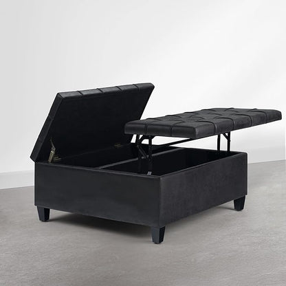 SIMPLIHOME Harrison Coffee Table Storage Ottoman - 36 inch Wide Upholstered Vegan Leather Square Ottoman in Distressed Graphite Black, Transitional Ottoman for Living Room with Split Lift-Up Lid