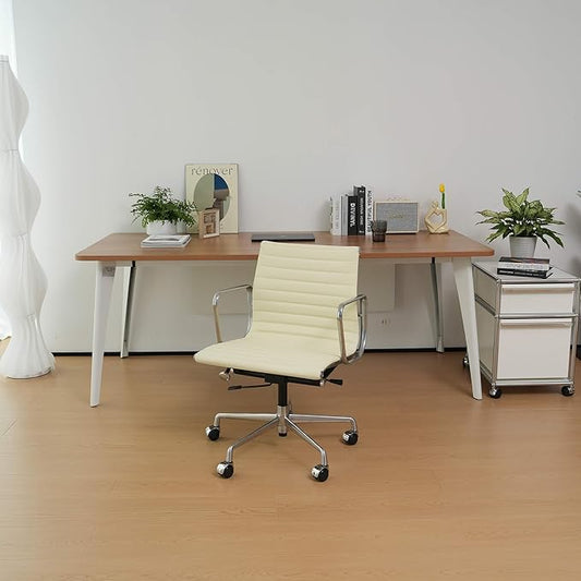 Ribbed Office Chair with Top Grain Leather - Mid Back Ergonomic Desk Chair with Aluminum Arms & Frame, Swivel Wheels & Tilt Function, Adjustable Height