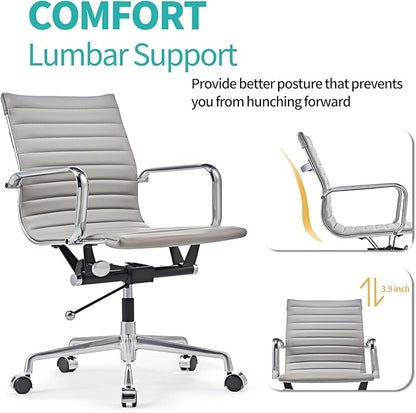 Mid Back Support with Arm Rest Office Ergonomic, Adjustable Swivel Vegan Leather Desk, Receptionist Chairs -Grey