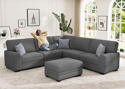 Wanderwell Oversized Modular Sectional Sofa, 6-Seater U Shaped Couches with Movable Ottoman,Corduroy Sectional Couch with Wide and Deep Seats Suitable for Living Room,Bedroom,Apartment (Grey, L-6)
