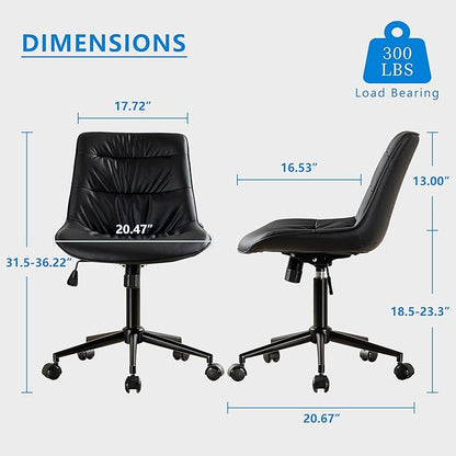 Rowill Leather Office Chair, Ergonomic Armless Desk Chair with Waterproof Cushion & Slient Wheels & SGS-Certified Class 3 Explosion-Proof Gas Lift, Ideal for Home Office, Study and Vanity(Black)