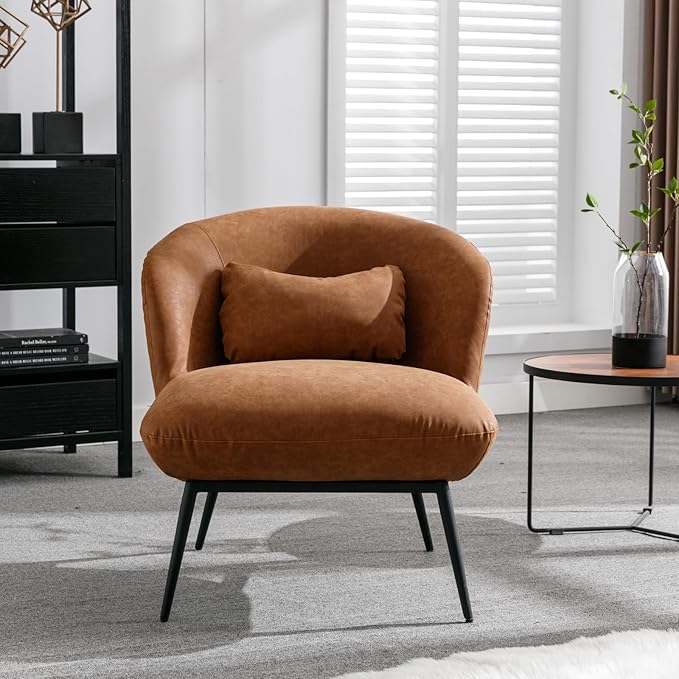 HEAH-YO Modern Accent Chair Set of 1, Living Room Chair with Barrel Backrest, Upholstered PU Faux Leather Armless Side Chair with Metal Legs for Bedroom, Brown