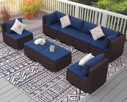 NICESOUL 8 Person Modern Deck Furniture Set, 29.3'' High Back Comfy Outdoor Sectional Sofa Set, Extra Large Wicker Patio Conversation Seating Sets for Terrace, Brown Rattan and Navy Blue Cushion