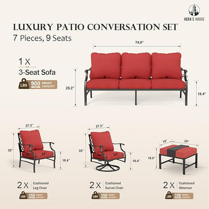 HERA'S HOUSE 7 Piece Patio Furniture Set, 2 x Swivel Chair, 2 x Leg Chair, 2 x Ottoman, 1 x 3-Seat Sofa, All Cushioned 9 Seats Metal Outdoor Conversation Set for Lawn Garden Backyard