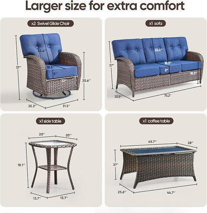 5-Piece Rotating Balcony Chair Set with 31-inch T-Shaped Wide backrest - Rattan Outdoor Rotating Balcony Chairs, Wide backrest Comfortable Outdoor Sliding Chair - Brown | Blue