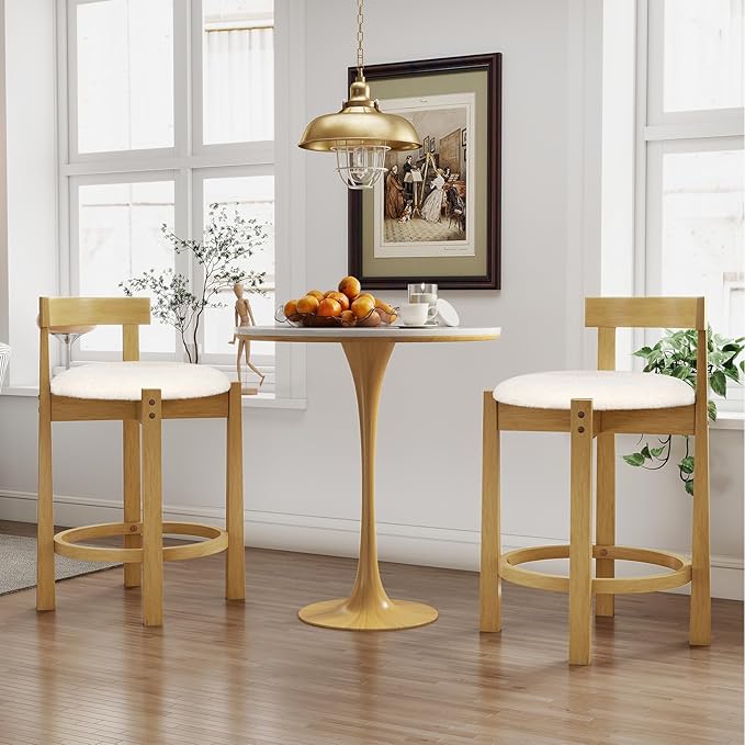 COSTWAY 24'' Counter Height Bar Stools Set of 4, Teddy Velvet Upholstered Bar Chairs with Backrests and Footrests, Wood High Barstools for Kitchen Island and Dining Room (Natural)