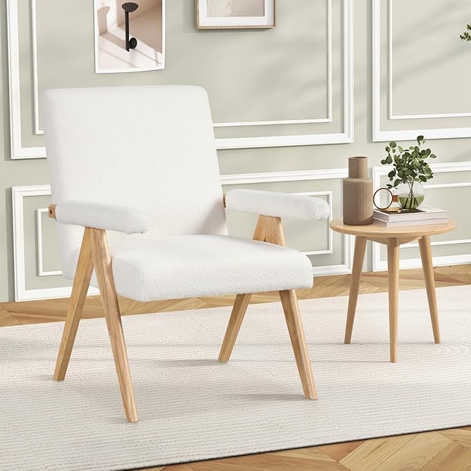 Giantex Mid-Century Modern Accent Chairs Set of 2, Sherpa Fabric Reading Chair with Padded Armrests, Solid Rubber Wood Frame, Upholstered Side Arm Chair for Living Room, Bedroom, Office, Beige