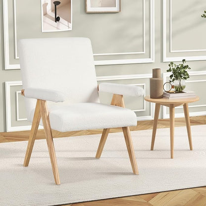 Giantex Mid-Century Modern Accent Chairs Set of 2, Sherpa Fabric Reading Chair with Padded Armrests, Solid Rubber Wood Frame, Upholstered Side Arm Chair for Living Room, Bedroom, Office, Beige