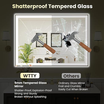 WTTY 40"X30" LED Bathroom Mirror with Black Frame, Bathroom Vanity Mirror with Lights for Wall, Front Light and Backlit, Anti-Fog, Dimmable, 3 Colors, Shatterproof, Memory, Horizontal/Vertical