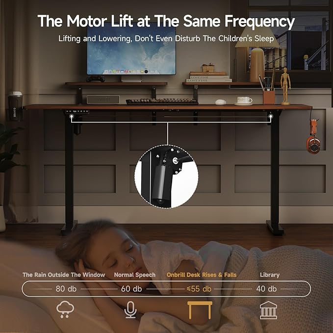 ONBRILL Standing Desk with 2 Adjustable Monitor Shelves, 63 x 24 Inches Electric Stand Up Desk with Memory Controller and Adjustable Height from 28-46 inches for Computer Workstations, Walnut