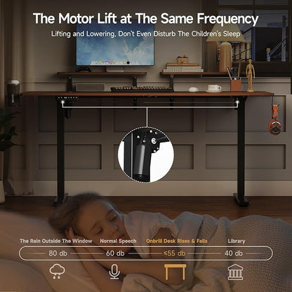ONBRILL Standing Desk with 2 Adjustable Monitor Shelves, 63 x 24 Inches Electric Stand Up Desk with Memory Controller and Adjustable Height from 28-46 inches for Computer Workstations, Walnut