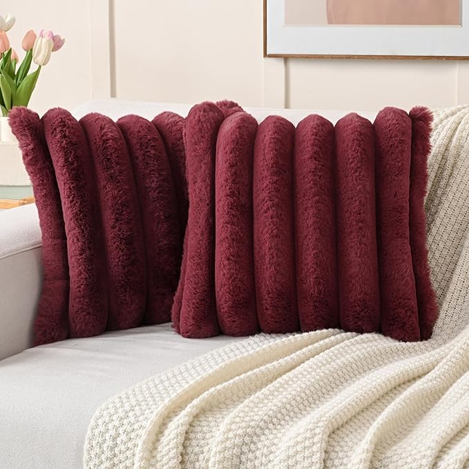 FUTEI Christmas Burgundy Decorative Throw Pillow Covers 18x18 Inch Set of 2, Square Soft Faux Rabbit Fur Thick Striped Cushion Cover,Winter Home Decor for Couch Bed Living Room
