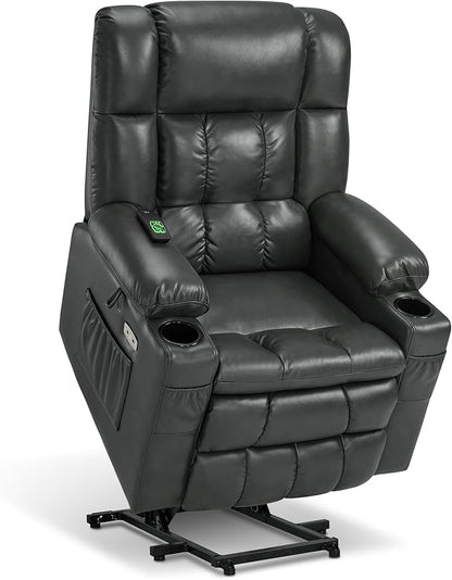 MCombo Dual Motor Power Lift Recliner Chair for Elderly, Lay Flat Lift Chair with Heat and Massage, Cup Holders, USB Ports, Faux Leather 7890 (Grey, Medium)