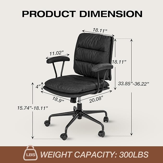 Black PU Leather Office Chair with Wheels, Adjustable Swivel Chair for Home and Office, Lumbar Support, Removable Armrests, Small Spaces