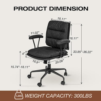 Black PU Leather Office Chair with Wheels, Adjustable Swivel Chair for Home and Office, Lumbar Support, Removable Armrests, Small Spaces
