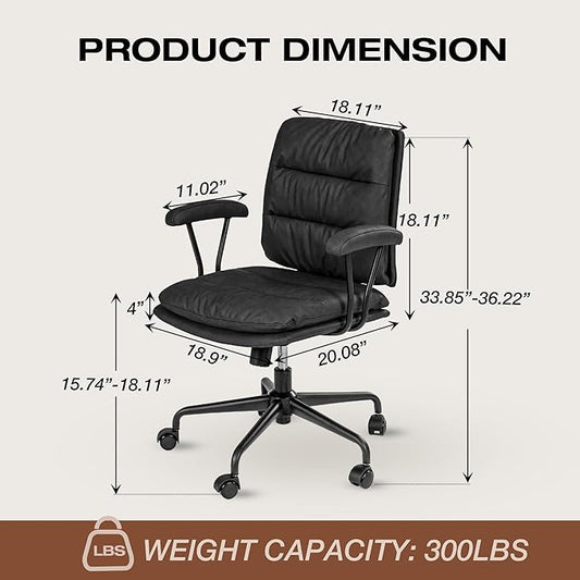 Black PU Leather Office Chair with Wheels, Adjustable Swivel Chair for Home and Office, Lumbar Support, Removable Armrests, Small Spaces