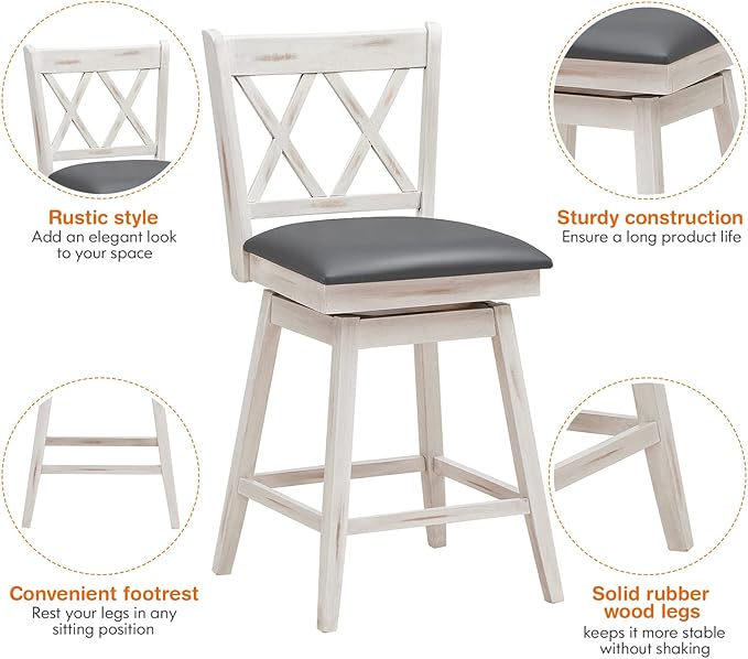 COSTWAY Bar Stool Set of 4, 360 ° Swivel Counter Height 25inch Bar Stool with Foot Rest Upholstered Cushion & Ergonomic Backrest, Sturdy Frame, for Pub, Kitchen Islands (4, Antique White + Grey)