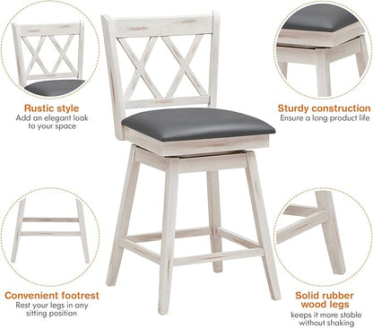 COSTWAY Bar Stool Set of 2, 360° Swivel Counter Height 25inch Bar Stool with Foot Rest Upholstered Cushion & Ergonomic Backrest, Sturdy Frame, for Pub, Kitchen Islands (2, Antique White + Grey)