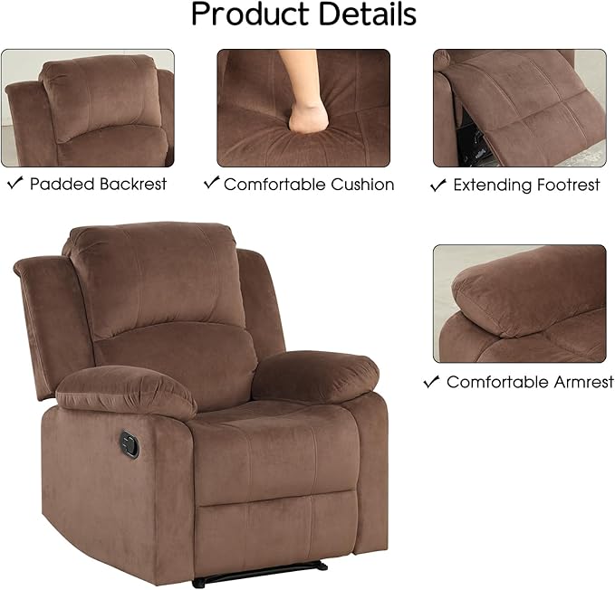 CANMOV Manual Recliner Chair Set of 2, Soft Fabric Overstuffed Recliner Single Sofa Chair for Living Room Bedroom, Heavy Duty and Safety Reclining Mechanism, Light Brown