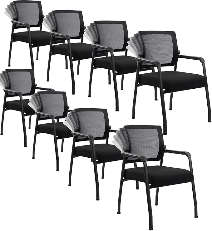 8PK Office Guest Chairs No Wheels | Ergonomic Lumbar Support and Thicked Seats Cushion, Desk Chair with Adjustable Mesh Back for Waiting Room School Church Reception，Black
