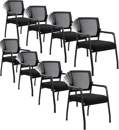 8PK Office Guest Chairs No Wheels | Ergonomic Lumbar Support and Thicked Seats Cushion, Desk Chair with Adjustable Mesh Back for Waiting Room School Church Reception，Black