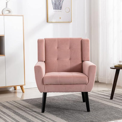 Dolonm Midcentury Modern Velvet Accent Chair with Arms, Upholstered Reading Side Chair Tufted Back Decorative Wingback Chair for Living Room Bedroom (Pink)