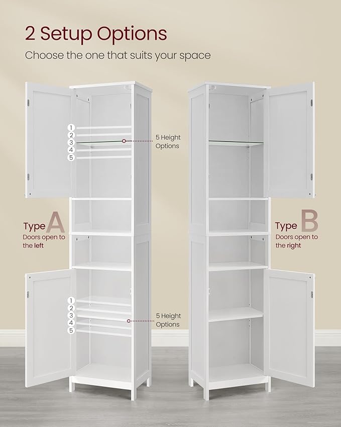 VASAGLE Tall Storage Cabinet with Lights, Slim Freestanding Cabinet with Adjustable Shelves, for Small Spaces, Bathroom, Living Room, Modern, 15.7 Inches Wide, Cloud White UBBC766W02