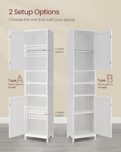 VASAGLE Tall Storage Cabinet with Lights, Slim Freestanding Cabinet with Adjustable Shelves, for Small Spaces, Bathroom, Living Room, Modern, 15.7 Inches Wide, Cloud White UBBC766W02