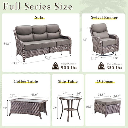 Luxury Outdoor Furniture Set with Swivel Chairs, High Back Swivel Patio Chairs with Ottoman, Side Table & 6-Inch Thick Cushions, Wicker Patio Furniture Set for Porch, Yard, Deck, Poolside, Brown/Grey