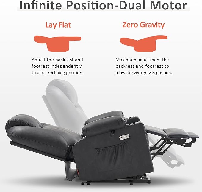 MCombo Dual Motor Large Power Lift Recliner Chair for Elderly, Lay Flat Lift Chair with Heat and Massage, Big Lift Recliner for Tall People, Faux Leather 7815 (Grey, Large)