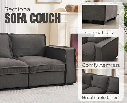 EALSON 119" Modular Sectional Sofa Comfy Cloud Couch with Ottoman Modern Convertible L Shape Couches with Wooden Legs Linen Deep Seat Couch 4-Seater Sofa with Ottoman for Living Room/Apartment, Grey