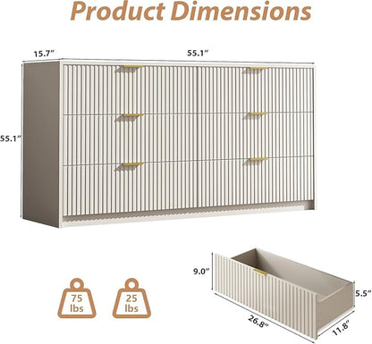 3-Piece Dresser Bedroom Set, 6 Drawer Dresser & 3 Drawer Nightstands with Gold Handles, Fluted Wood Chest of Drawers for Bedroom, Living Room, Entryway, Beige