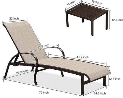 PURPLE LEAF Outdoor Chaise Lounge Chair Set of 3 Patio Pool Lounger Aluminum Chairs with Side Table Adjustable Tanning Recliner for Outside Yard Deck Lawn Garden Beach Khaki