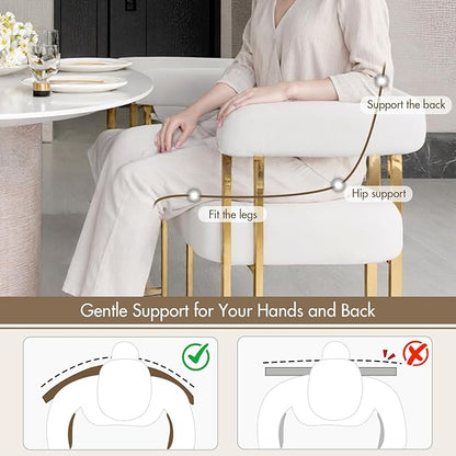 Set of 4 Beige and Gold Modern Dining Chairs, Velvet Upholstered Barrel Armchairs with Metal Legs for Kitchen Island, Mid Century Accent Chairs for Dining Room Living Room, Open-Back