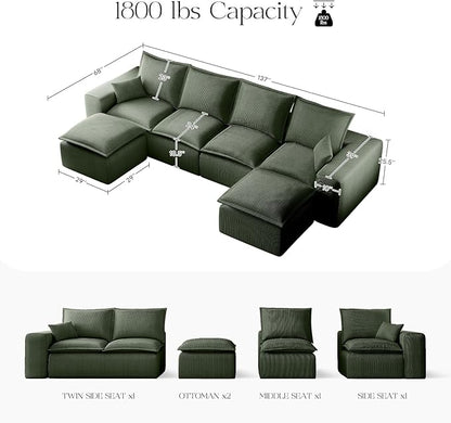137" Comfy Cloud Couch with U-Shape Chaise & Deep Seat, Modular Sectional Sofa in a Box, Boneless Upholstered Couches for Living Room, No Assembly Required (Soft Corduroy, Green)