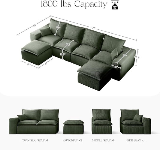 137" Comfy Cloud Couch with U-Shape Chaise & Deep Seat, Modular Sectional Sofa in a Box, Boneless Upholstered Couches for Living Room, No Assembly Required (Soft Corduroy, Green)
