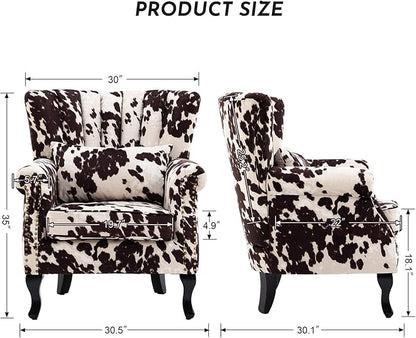 Accent Reading Arm Chairs Set of 2 for Living Room Bedroom, Midcentury Modern Comfy Corner Sofa Chair, Wingback Waiting Room Club Chair with Button Tufted Back &Lumbar Pillow, Fabric Cow