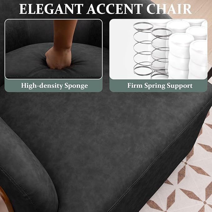 Swivel Accent Chair Faux Leather Swivel Barrel Chair Comfortable Mid Century Modern Chair Upholstered Metal Base Armchair for Living Room Bedroom Office Large Vintage Black