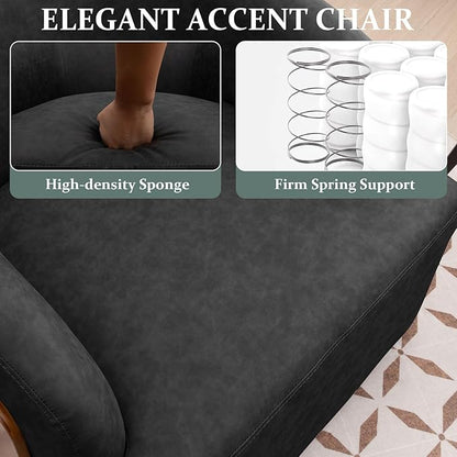 Swivel Accent Chair Faux Leather Swivel Barrel Chair Comfortable Mid Century Modern Chair Upholstered Metal Base Armchair for Living Room Bedroom Office Large Vintage Black
