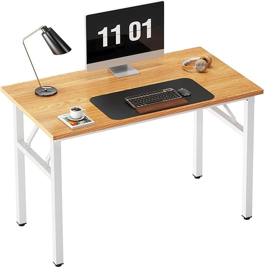 Need Folding Computer Desk - 39.4 Inch Foldable Office Writing Work Study Kids Student Teacher Home Bedroom Table for Small Space, Teak & White