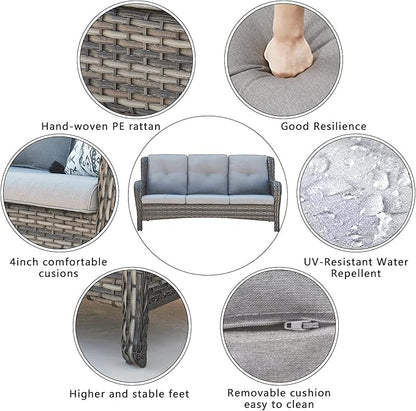 HUMMUH 6 Piece Patio Furniture Set PE Wicker Rattan 3-Seat Outdoor Sectional Sofa with Love Seats,Patio Swivel Chairs,Ottomans Conversation Sets for Garden, Poolside, Backyard