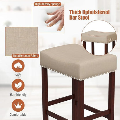 COSTWAY Counter Height Bar Stools Set of 2, 25-inch Backless Saddle Stools with Nailhead Trim, Rubber Wood Frame, Footrest, Max Load 330 Lbs, Upholstered Barstools for Kitchen Island Pub, Beige