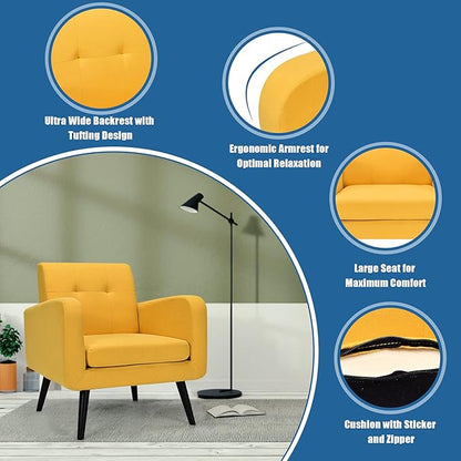 Giantex Upholstered Accent Chair, Modern Mid Century Linen Fabric Living Room Chair with Arms, Max Load 265 Lbs, Comfy Tufted Single Sofa for Reading, Bedroom, Office, Club, Yellow