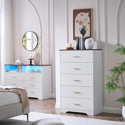 LIDYUK White Dresser for Bedroom, 5 Drawer Dressers & Chests of Drawers, Modern Wood Dresser, 47 Inches Tall Chest of Drawers for Bedroom, Hallway, Living Room