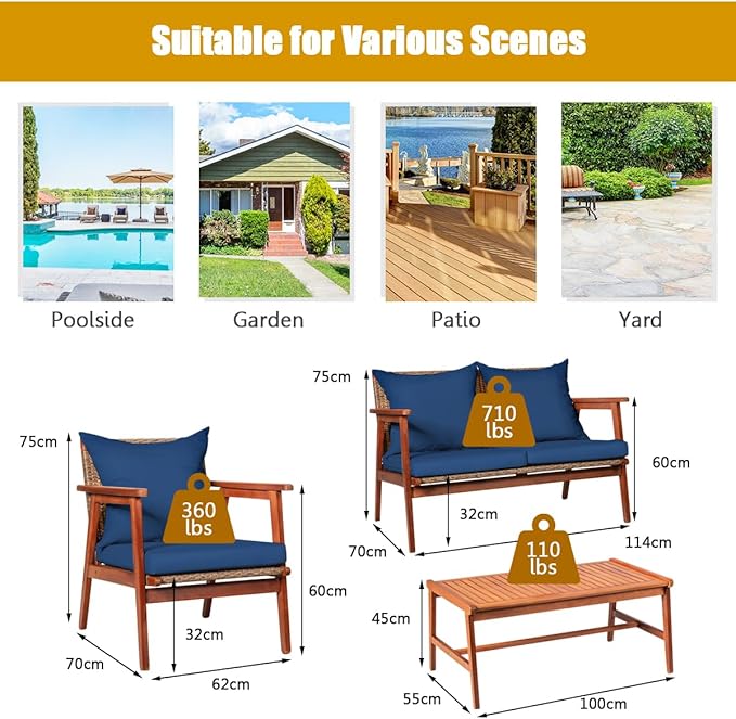 COSTWAY 4 Pieces Acacia Wood Patio Conversation Set, Outdoor Wicker Sofa with Coffee Table & Cushions, Patio Rattan Furniture Set for Yard, Porch, Poolside, Balcony, Backyard, Navy