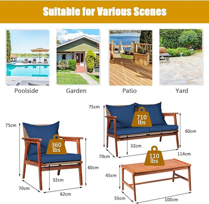 COSTWAY 4 Pieces Acacia Wood Patio Conversation Set, Outdoor Wicker Sofa with Coffee Table & Cushions, Patio Rattan Furniture Set for Yard, Porch, Poolside, Balcony, Backyard, Navy