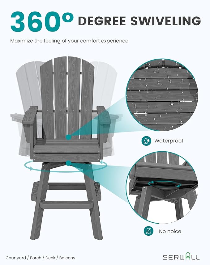 SERWALL 3-Piece Swivel Adirondack Bar Set, HDPE Swivel Bar Height Chairs Set of 2 with Bar Table, All-Weather Outdoor Barstools for Patio, Poolside, Garden, Grey