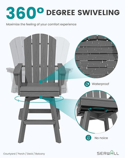 SERWALL 3-Piece Swivel Adirondack Bar Set, HDPE Swivel Bar Height Chairs Set of 2 with Bar Table, All-Weather Outdoor Barstools for Patio, Poolside, Garden, Grey
