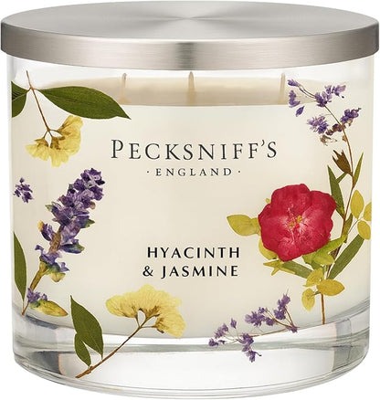 Pecksniff’s 3 Wick Candle – Jasmine & Hyacinth, 550 g / 19.4 oz – Long Lasting Burn, Elegant Home Decor & Relaxing Ambiance